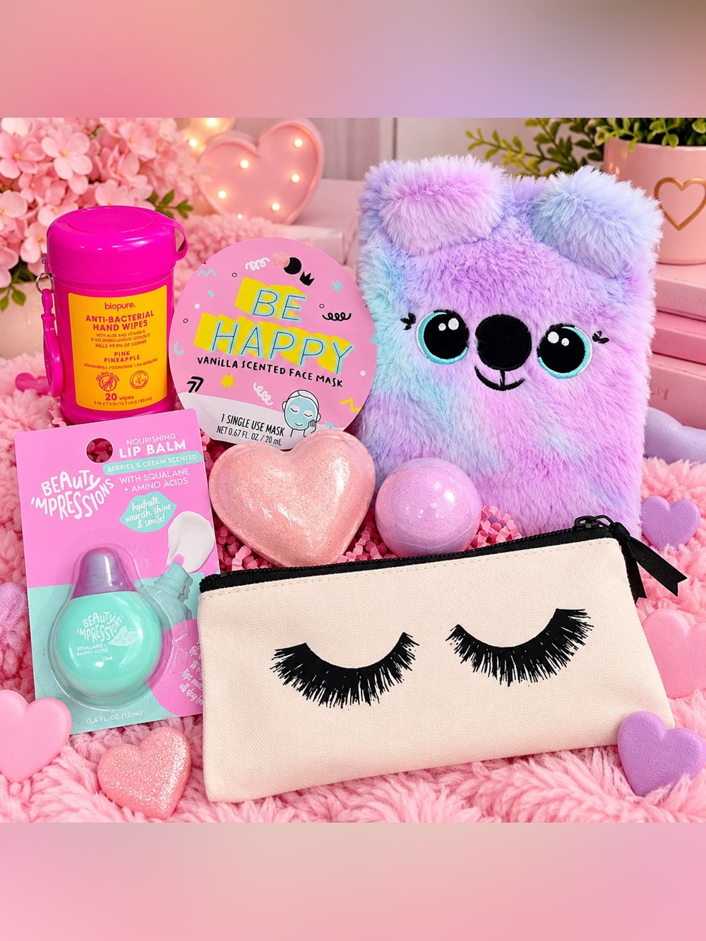 Kawaii Pink & Purple Self-Care Gift Bundle – Bath Bombs, Beauty & Plush Journal